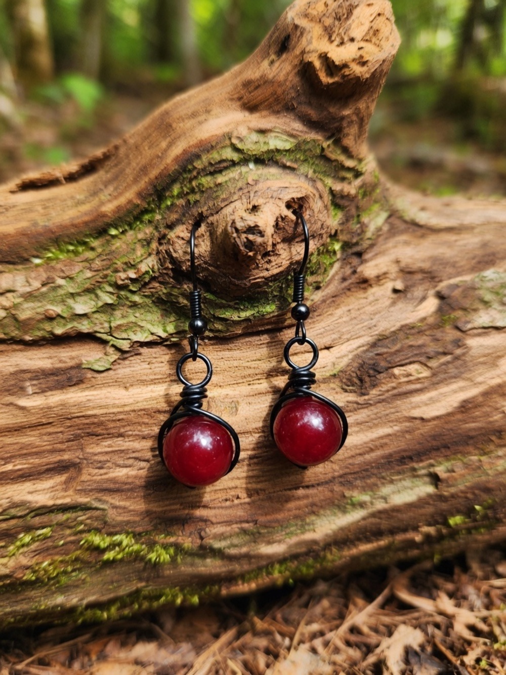 Red Jade Wire Wrapped Dangle Earrings Handmade